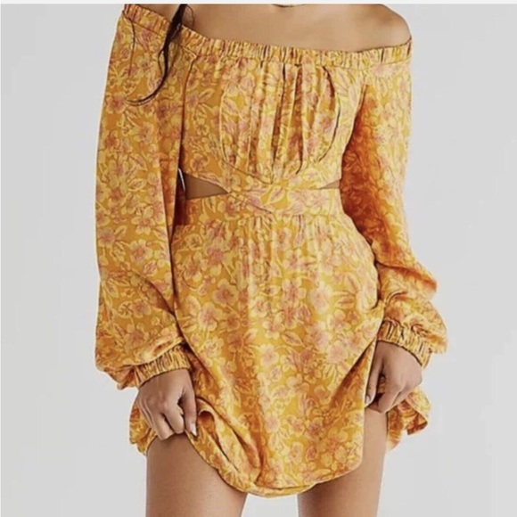 Free People Jael Cutout Mini Dress Golden Yellow Motif Floral Long Sleeve size M - Picture 2 of 11